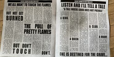 Inside spread of the finished newspaper; complete with lyrics from the show!