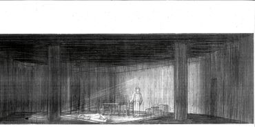 A measured perspective rendering a person lying down stage, with another figure upstage facing them.