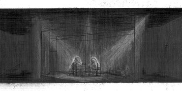 A measured perspective rendering of two figures sitting at a table. Created with graphite and paper.