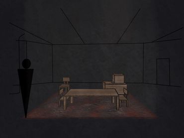 A digital sketch rendering of the set, complete with three chairs, a table, and the boxes.
