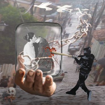A digital collage. Two figures kiss in a jar, held by a hand. A figure smashes the glass with a bat