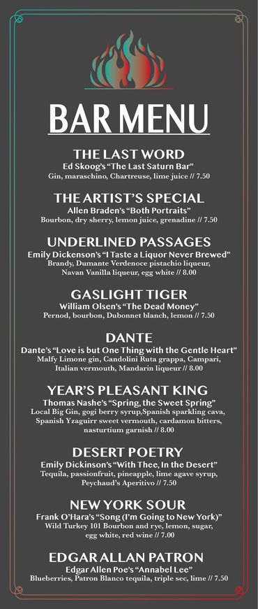 A handheld bar menu filled with drinks, and their titles all relate to poetry.
