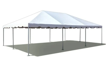 Large white event tent with metal poles.