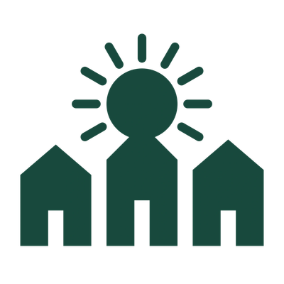 Three house icons with the middle one topped by a sun symbol.