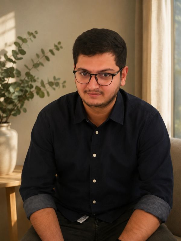 Man wearing glasses sits on a sofa.
