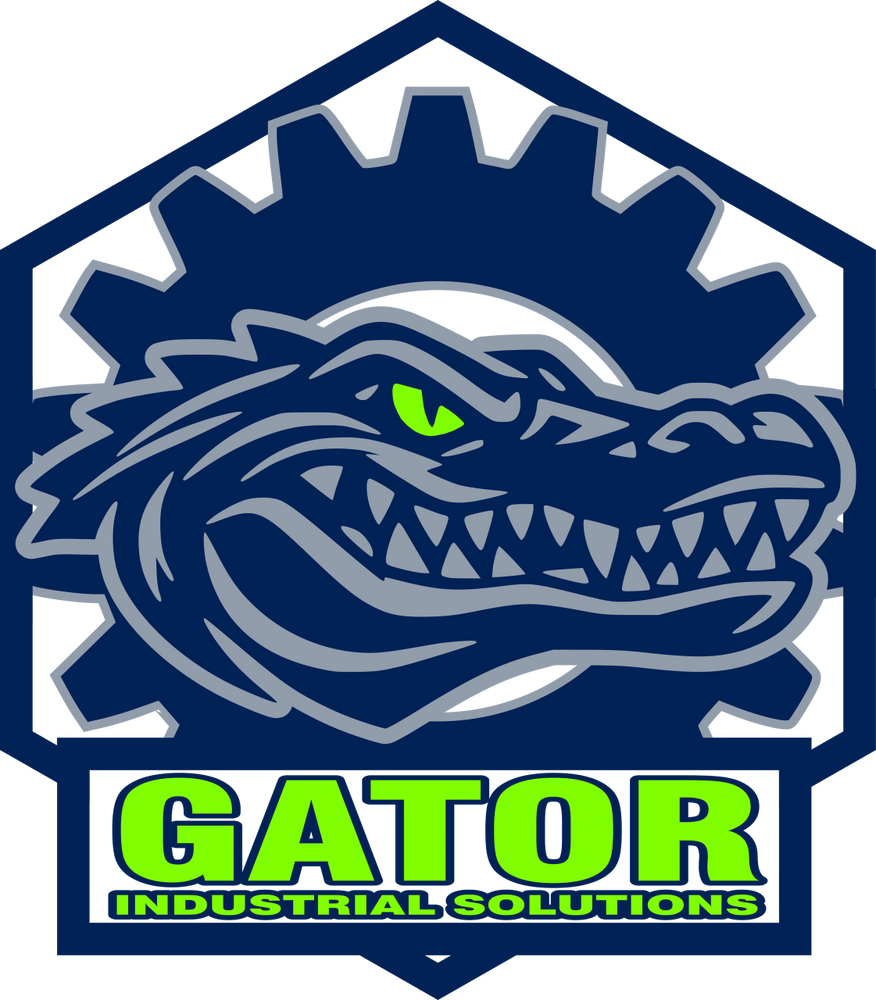Logo featuring a fierce alligator head with a gear background and bold green text.