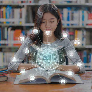 Young woman studying AI concepts in a library with digital icons.