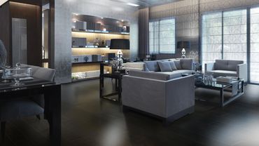 Dark hardwood flooring with a smooth finish,