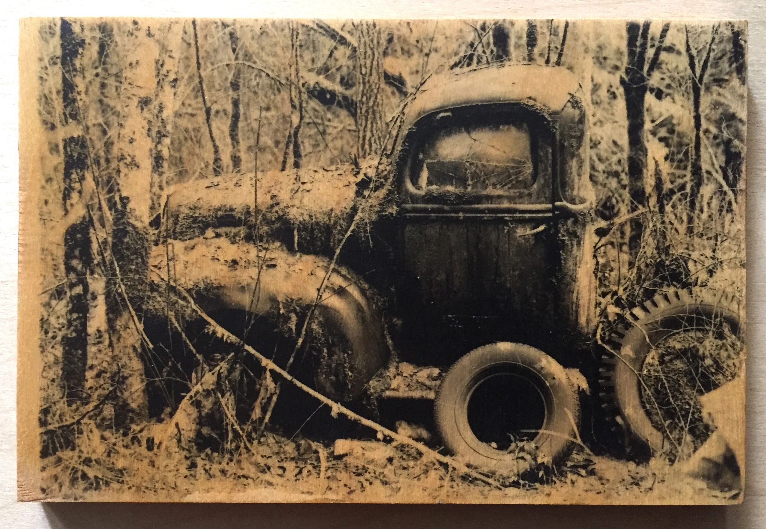 Cars & Trucks on Wood: Liquid Emulsion Print on Plywood:  Truck 1 Wide