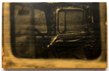 Cars & Trucks on Wood: Liquid Emulsion Print on Pine: Through The Window