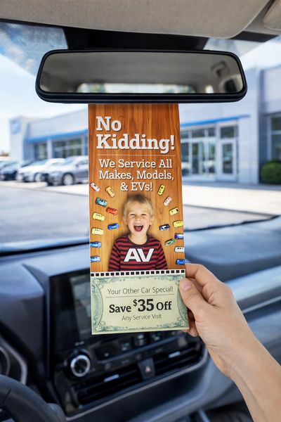 Car service discount flyer with child image inside a car.