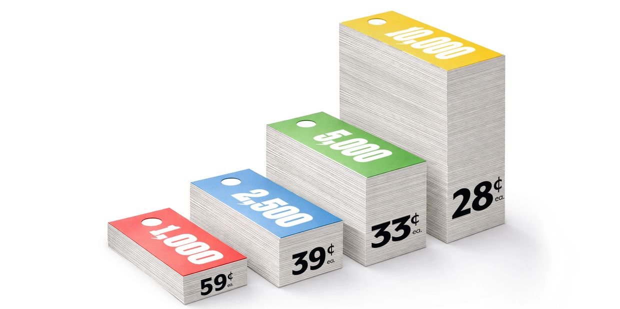 Stacked price tags showing quantity discounts.