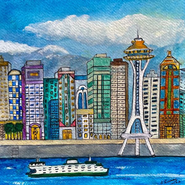 The Emerald City, Seattle. Washington. 
7.5” x 7.5” square watercolor. 