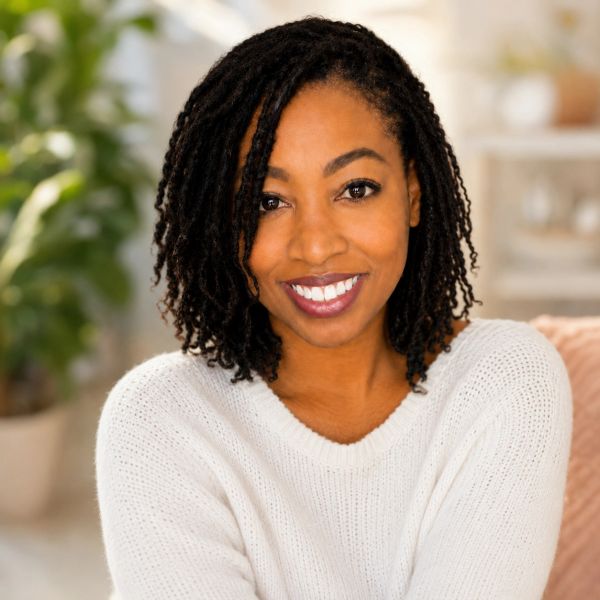 Smiling woman with braided hair wearing a white sweater.