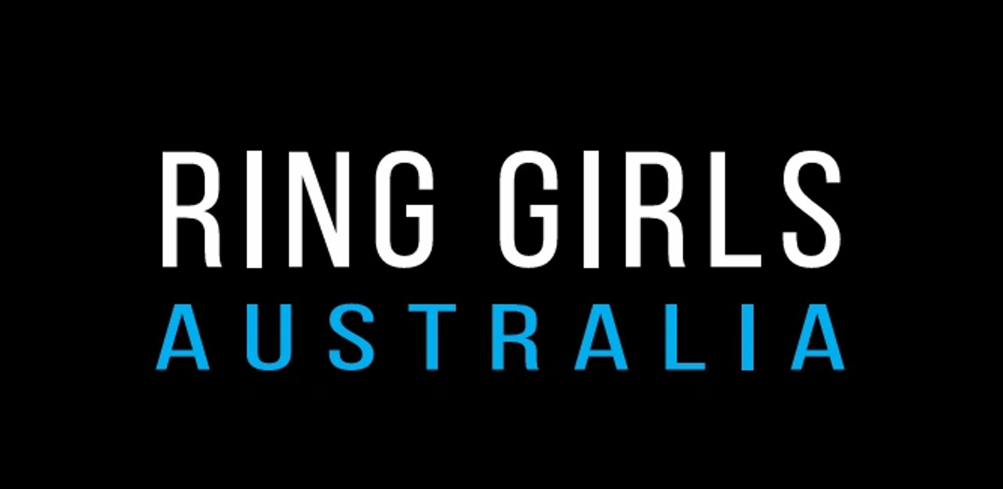Logo for Ring Girls Australia with white and blue text on black background.