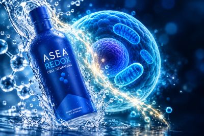 Botella de ASEA REDOX junto a una representación de señalización celular.