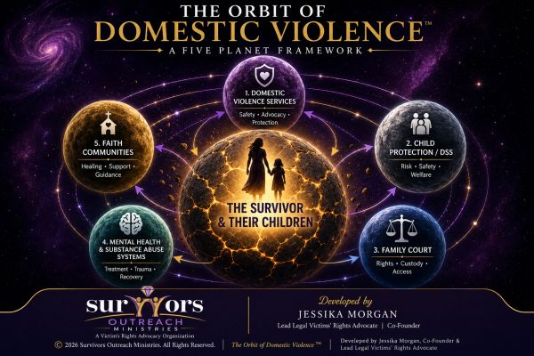 Visual framework showing five key supports orbiting domestic violence survivors and children.