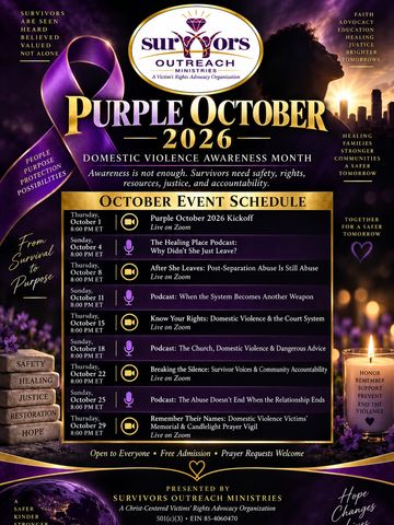 Purple October 2026 Domestic Violence Awareness Month schedule by Survivors Outreach Ministries.