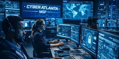 Cybersecurity experts monitor multiple screens in a high-tech control room.