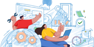 Two people managing automated manufacturing and workflow processes digitally.