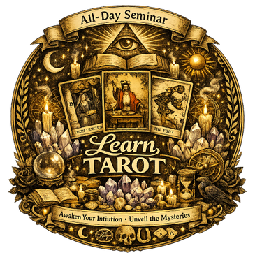 Intricate vintage-style tarot seminar emblem with mystical symbols and cards.