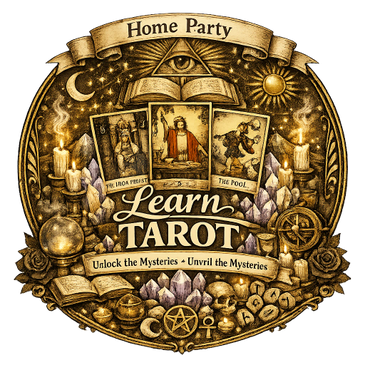 Intricately detailed tarot-themed emblem promoting a home party to learn tarot.