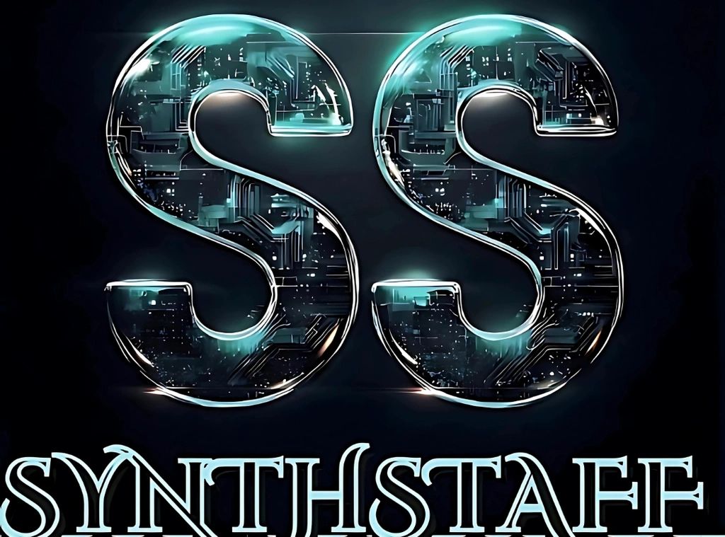 Futuristic SynthStaff logo: twin illuminated "S" letters with digital circuitry radiating innovation