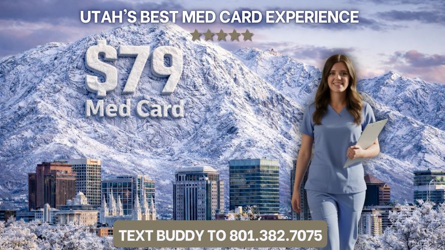 Utah's best med card for $79 with a smiling nurse and mountain background.