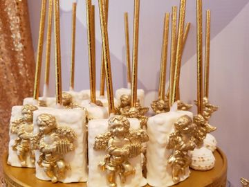 Metallic Gold Angel themed White Chocolate covered Krispy Treats with Metallic gold sticks  