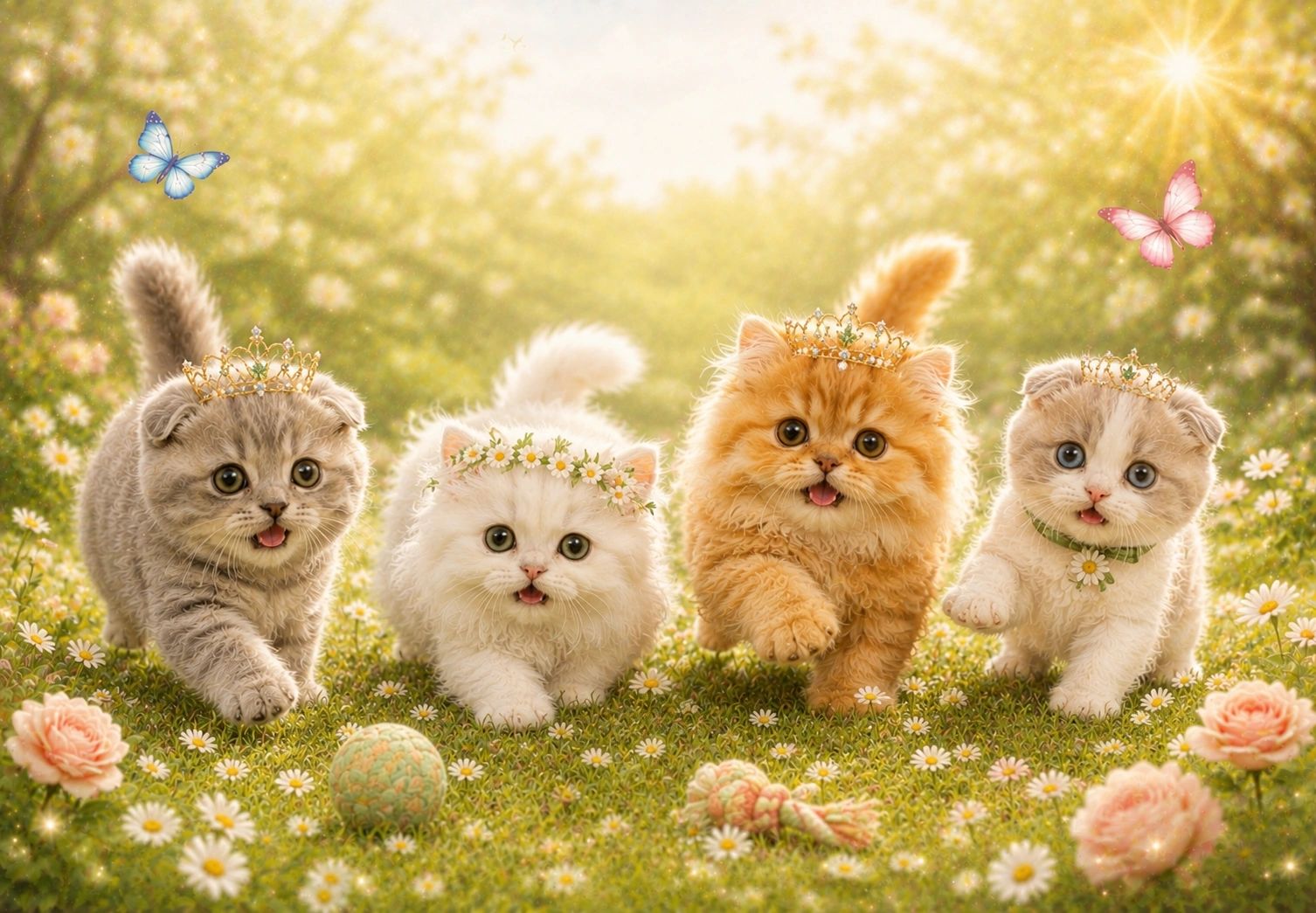 Four adorable kittens wearing crowns and flower crowns, playing in a sunlit daisy field.