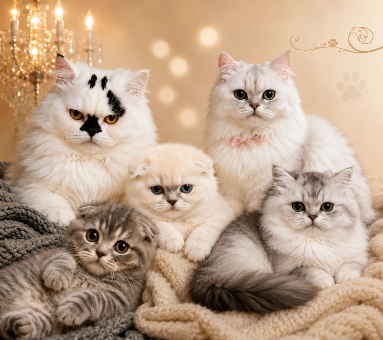 Five fluffy cats and kittens posing together on cozy blankets with warm lighting.