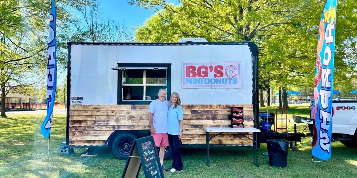 BG's Mini Donuts Food truck with owners, grand opening day