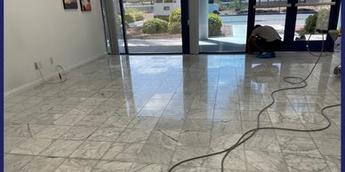 Precision Stone edge work on polished marble floor by our Las Vegas stone polishing experts!