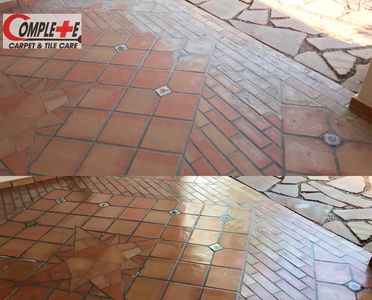 Terra Cotta or Saltillo Tile Cleaning Strip and Wax job we did in Las Vegas. 