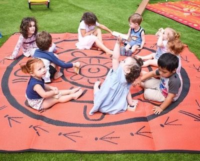 A group of young children sitting in a circle on a patterned mat outdoors.