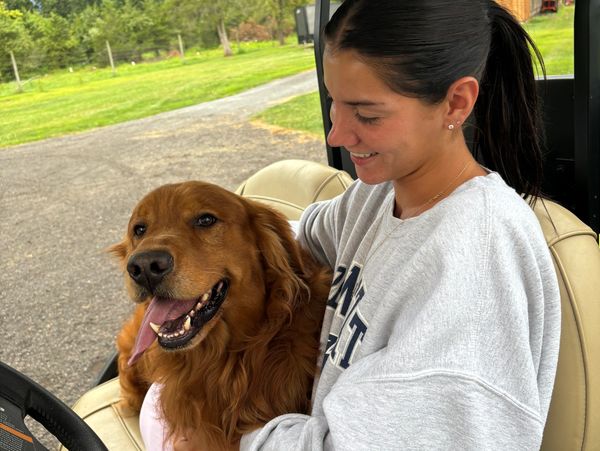 A woman happily cuddles a golden retriever in a golf cart.
