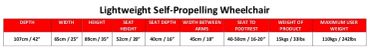Specifications for a lightweight self-propelling wheelchair with detailed measurements and weight limits.