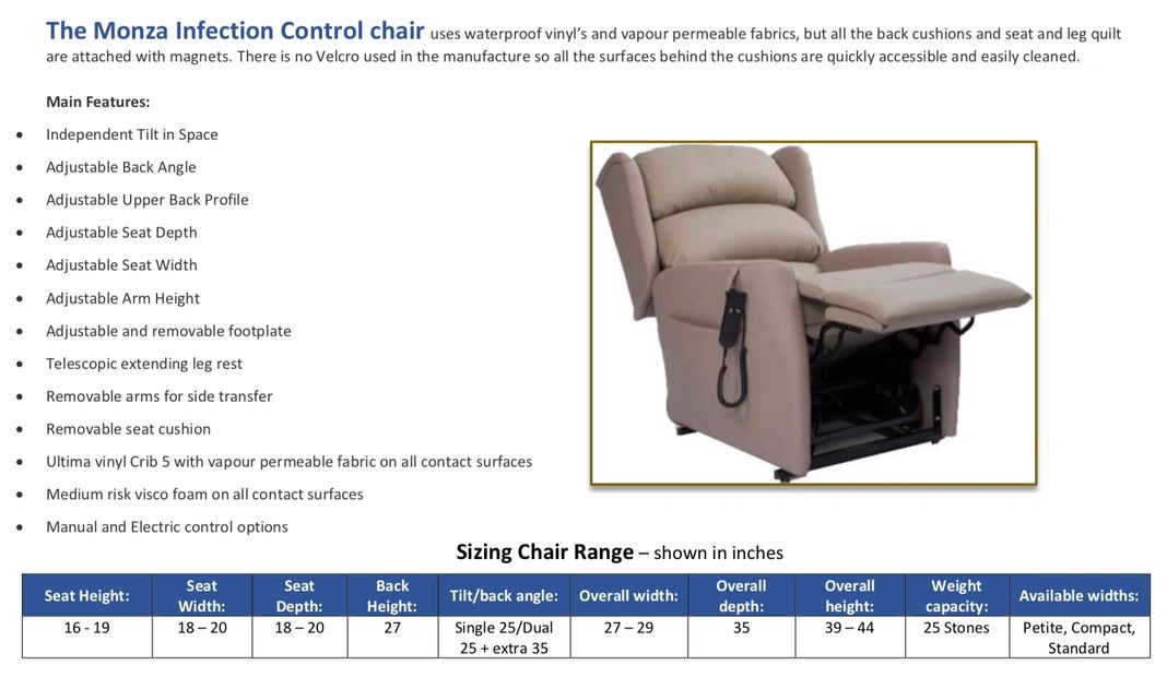 The Monza Infection Control Rise and Recliner chair