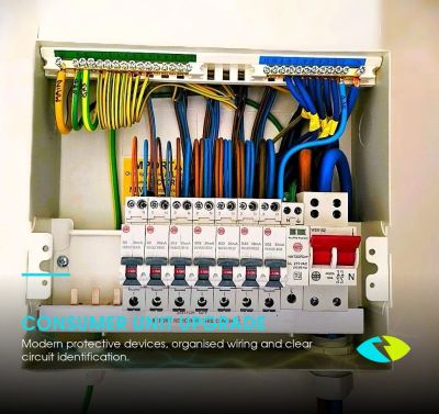 Neatly organized consumer unit with protective devices and circuit identification.