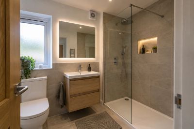 Modern bathroom with walk-in shower and wooden vanity.
