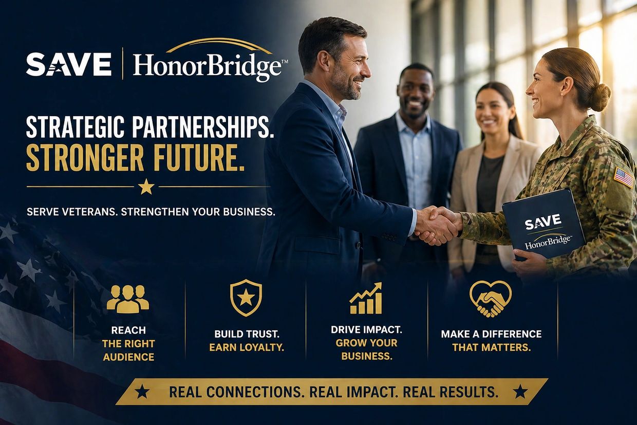 Business professional shaking hands with a female veteran, promoting strategic partnerships and veteran support.
