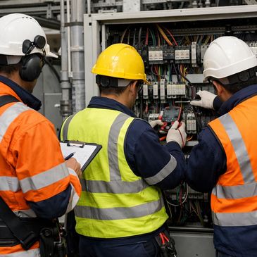 Electricians inspecting and testing a circuit panel with safety gear.