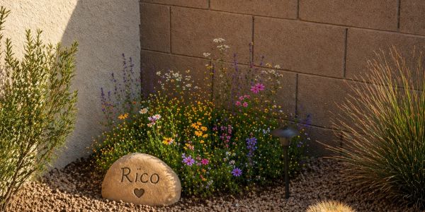 Memorial garden with colorful flowers and a stone engraved 'Rico'.