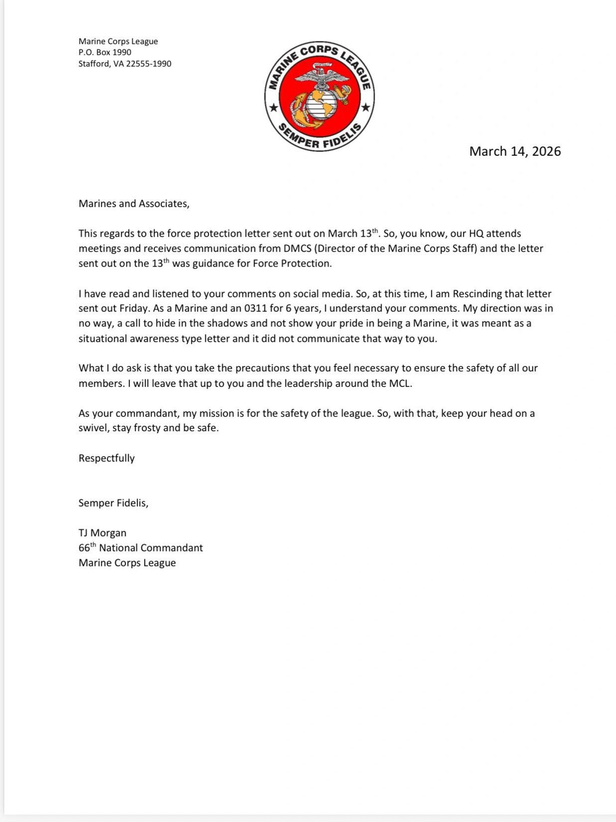 Marine Corps League letter rescinding force protection guidance, emphasizing safety and pride.
