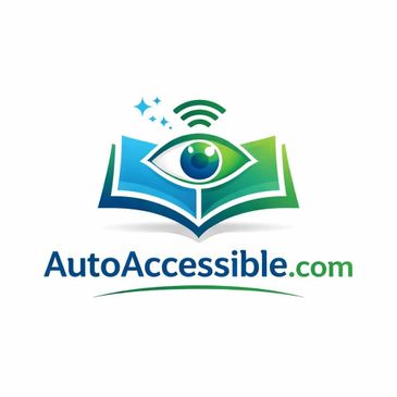 Logo featuring an eye over an open book with wireless signals and the text AutoAccessible.com.