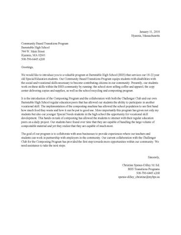 Community Based Transition Program Barnstable High School Composting Program Challenger Club