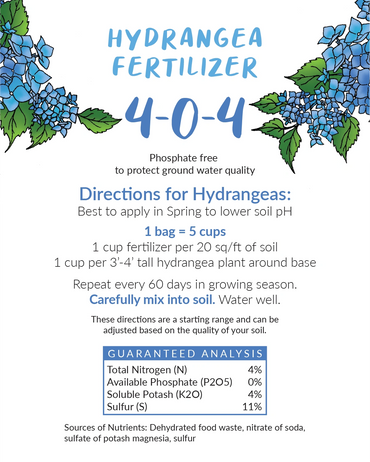 Hydrangea Fertilizer 4-0-4 label with directions for use, nutrient analysis, and floral illustration