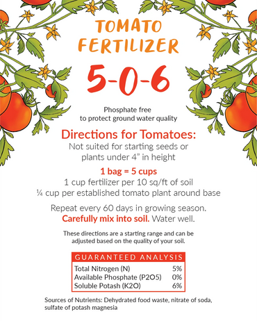 Tomato Fertilizer 5-0-6 label with usage instructions, nutrient analysis, and illustrations of tomat