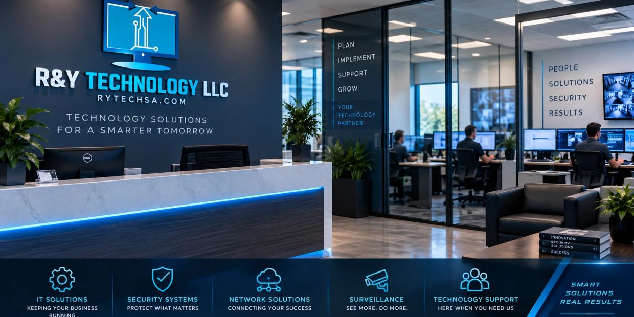 Modern tech company office with security and IT support focus.