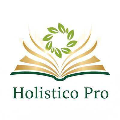 Elegant logo with a golden book and green leaf wreath for Holistico Pro.